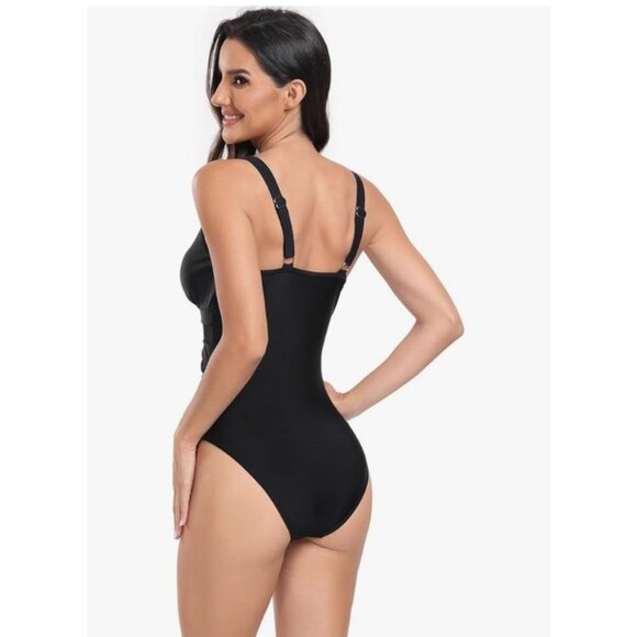 Womens Black One-Piece Swimsuit V Neck Sheer Mesh Panel Adjustable Straps Medium - Picture 3 of 9